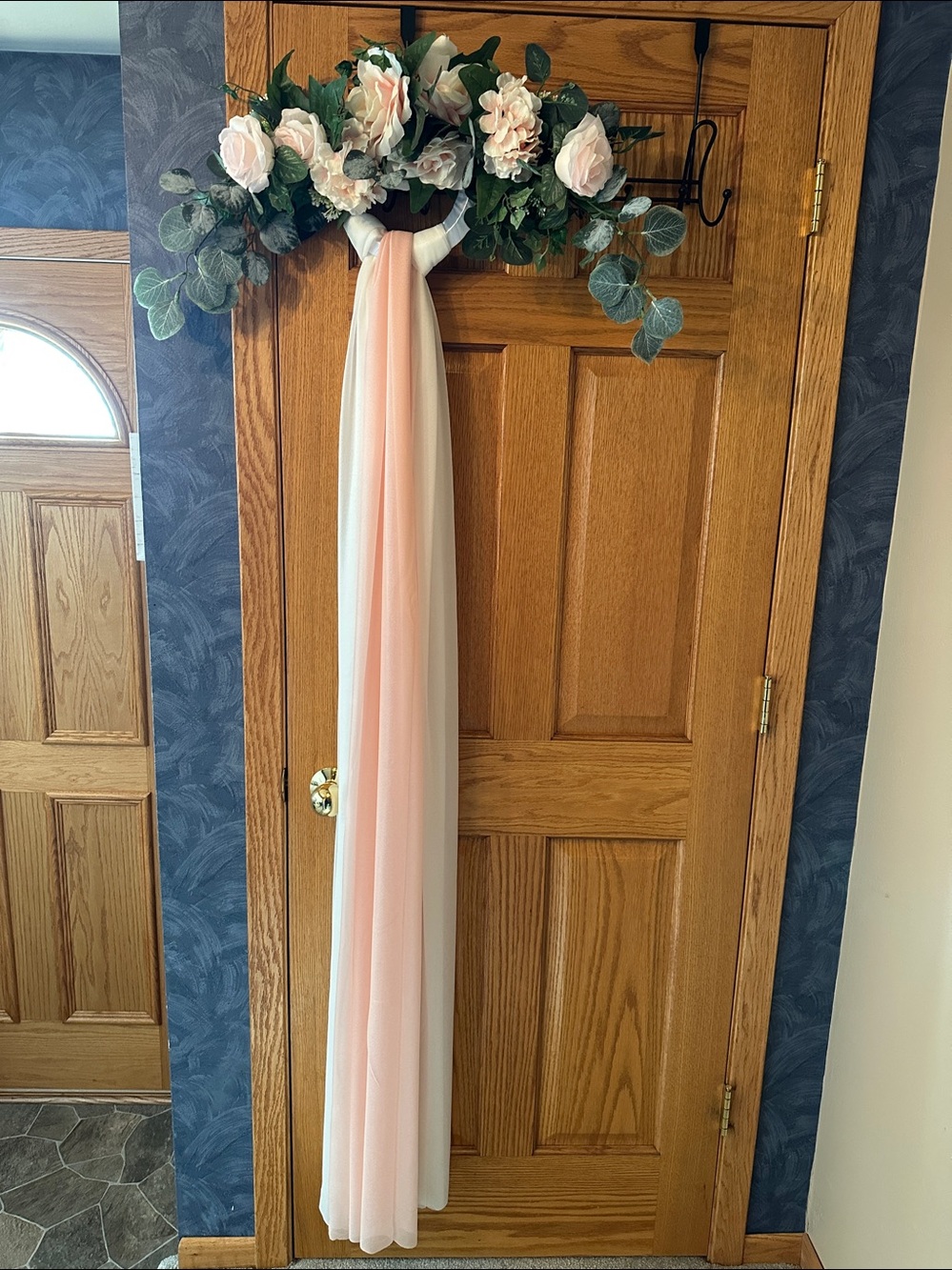 24" Floral Swag with blush roses with blush and white fabric drop on wire ring